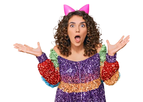 Exaggerated expression, cartoonish face, wide open eyes, mouth agape, curly brown hair, colorful clothing, playful gestures, throwing hands up in air, confetti popping out, bright balloons floating, s