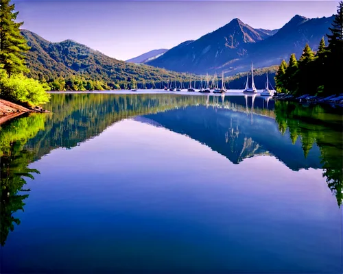 Serene lake, calm water, mirror-like reflection, surrounding mountains, lush green trees, few sailboats, gentle ripples, sunny afternoon, warm soft light, 3/4 composition, shallow depth of field, vibr