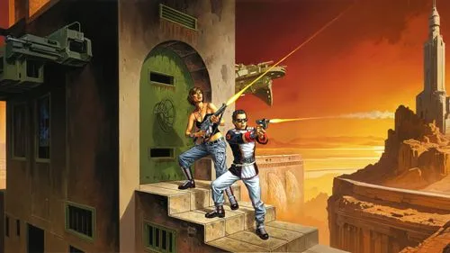 painting of two people with guns on a stairway in front of a building, ( ( barclay shaw ) ), 8 0 s sci - fi comic art, by Barclay Shaw, pulp scifi illustration, inspired by Barclay Shaw, by David B. M