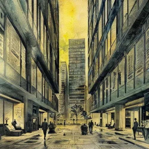 watercolor,a picture of an art print featuring people walking down a street,leadenhall,bishopsgate,fleetstreet,john atkinson grimshaw,eastcheap,cheapside,moorgate,old street,holborn,grimshaw,aldgate,l