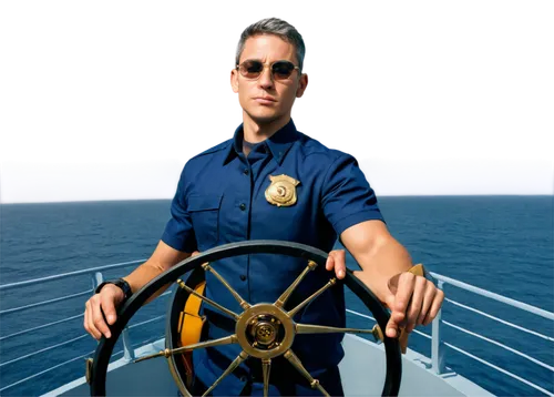 Marine, ocean scene, solo, muscular man, short blue hair, sunglasses, navy uniform, gold badges, strong chest, toned arms, holding steering wheel, standing on ship deck, panoramic view, dramatic light