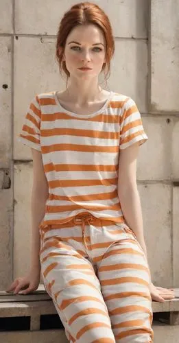 horizontal stripes,stripes,prisoner,mime,striped,striped background,girl in overalls,orange,pippi longstocking,mime artist,raggedy ann,stripe,overalls,orange color,pjs,clementine,stripped leggings,orange half,pajamas,girl sitting