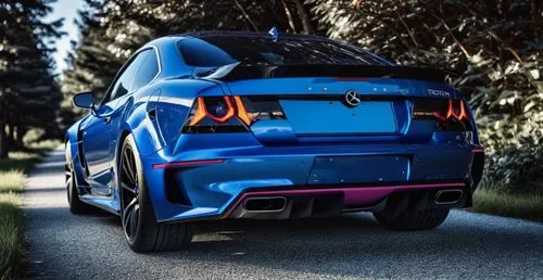 the rear end of a blue sport car parked in the woods,golf r,polestar,scionti,evo,lancer,wrb,Photography,General,Realistic