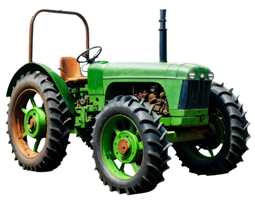 tractor, farm vehicle, green body, rusty metal, massive wheels, steering wheel, driver's seat, agricultural tool, rural setting, morning sunlight, shallow depth of field, warm color tone, 3/4 composit