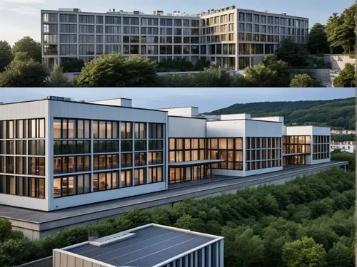 Hotel building with projecting balconies and terraces. Contemporary style architecture. Building set on a hill top surrounded with dense trees. Landscape around building to be french garden.,biozentru