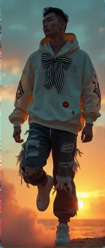 a man wearing shorts, jeans and a hoodie with a bow tie,joji,xin,treybig,tyga,posttraumatic,zeqiri,Photography,Documentary Photography,Documentary Photography 10