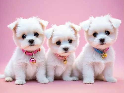 maltepoo,puppies,english white terrier,tibet terrier,shih poo,japanese terrier,shih tzu,havanese,dog breed,color dogs,dog pure-breed,cute animals,french bulldogs,shih-poo,cute puppy,west highland white terrier,chihuahua poodle mix,poodle crossbreed,three dogs,pink background,Art,Artistic Painting,Artistic Painting 21