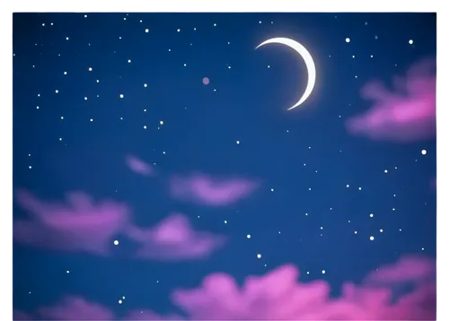 Dark blue sky, starry night, twinkling stars, crescent moon, scattered clouds, vibrant purple hue, 3/4 composition, low-angle shot, soft focus, bokeh effect, cinematic lighting, dreamy atmosphere.,moo