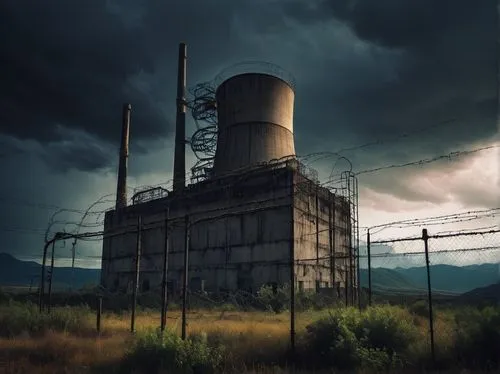 Abandoned, hostile, futuristic, sci-fi, nuclear power plant, complex structure, concrete walls, rusty pipes, warning signs, radiation symbols, barbed wire fences, overgrown with vines, broken windows,