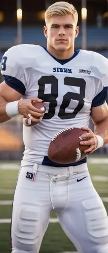 American football player, muscular man, athletic build, short blond hair, blue eyes, strong facial features, slight smile, sporty casual wear, white jersey with numbers, black pants, football helmet, 