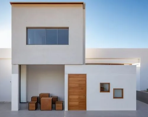 casa completamente de concreto concreto, con grandes ventanales, puerta amplia, escalera simple blanca, asientos de piedra y mesa de madera. dos pilares de concreto. sin fondo
,cubic house,duplexes,cu