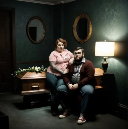 a 20 year old chubby woman and 20 year old chubby man are in a dark living room at night. a coffin behind them has dead flowers on it.  faded grey-green wallpaper. a lamp on an end table gives off a g