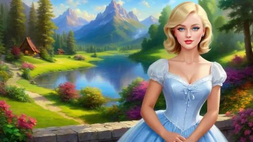 Romantic masterpiece oil painting, beautiful slim busty woman portrait, petticoat, nostalgic 1950's style kitsch, standing in front of a breathtaking beautiful epic vast landscape, majestic vibrant lu