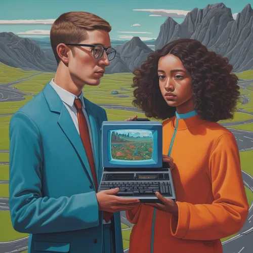 digital nomads,computer art,computer addiction,grant wood,trip computer,connected world,sci fiction illustration,travelers,computer,young couple,computer game,virtual world,connection,connected,atari st,oil on canvas,world digital painting,computer program,internet connection,man with a computer,Conceptual Art,Daily,Daily 29