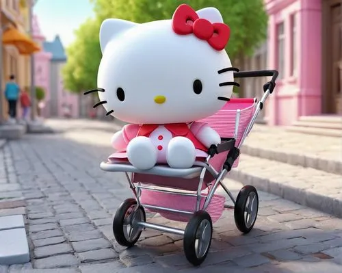 hello kitty,dolls pram,stroller,strolling,cute cartoon character,sanrio,doll cat,scooting,cute cartoon image,tricycles,pushchair,stroll,toy shopping cart,dolly cart,babyfirsttv,baby mobile,meap,walking,cart,promenading,Unique,3D,3D Character