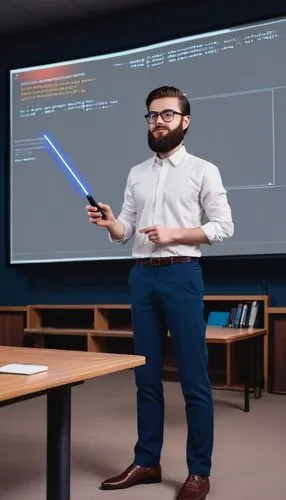 Modern lecturer, young adult, (25yo), glasses, neat beard, white shirt, dark blue trousers, formal shoes, holding a laser pointer, standing in front of a large screen, digital design and computer arch