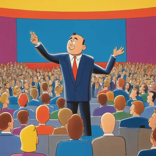 A male cartoon character confidently giving a speech in front of a big crowd.,audience,animated cartoon,thumb cinema,conductor,orator,cartoon people,raised hands,comic speech bubbles,puppet theatre,cl