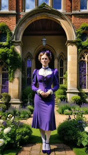 a woman in a dress standing in front of a house,headmistress,victoriana,soprano lilac spoon,glyndebourne,toksvig,umbridge,Photography,General,Realistic