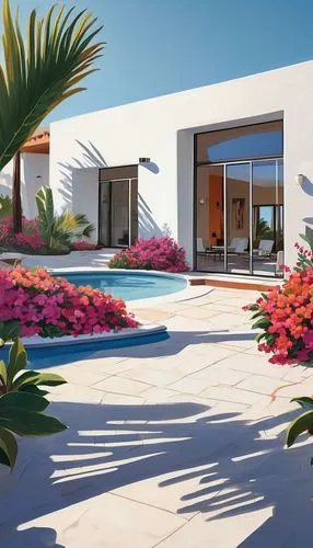 holiday villa,3d rendering,sketchup,landscaped,tropical house,render,mid century house,dunes house,luxury home,dreamhouse,landscaping,luxury property,private house,pool house,renderings,beautiful home,modern house,driveways,flowerful desert,home landscape,Illustration,Black and White,Black and White 05