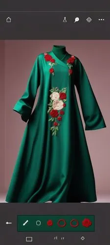 3d fashion drawing of long maxi loose wool abaya for Muslim hijab with dark green with wooly design with roses embroidery on it,a po of a dress that is being played on,ugly christmas sweater,christmas