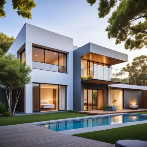 modern building house, with masses  beautiful and shapes, some of the walls are appropriately designed with  wood and glass and painted white, very beautiful, ,garden and  swimming pool , a realistic 