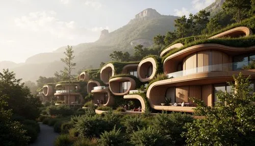 treehouses,ecovillages,ecotopia,mountain settlement,rivendell,render,earthship,ecovillage,tree house hotel,house in the mountains,hanging houses,3d rendering,alpine village,house in mountains,renders,forest house,mountain huts,terraformed,treehouse,tree house