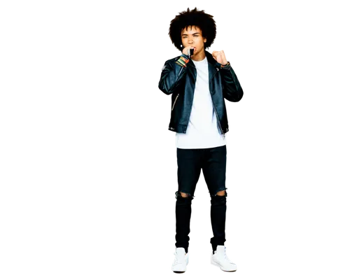 Young rapper, Afro hairstyle, gold chain necklace, bold tattoos, black leather jacket, white T-shirt, ripped jeans, Adidas sneakers, microphone in hand, confident pose, urban background, low-key light