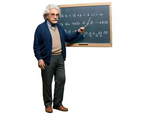 Einstein, old man, solo, (70s), wild hair, bushy eyebrows, mustache, glasses, casual clothing, cardigan, trousers, shoes, holding chalk, standing, thinking, blackboard, equations, scribbles, soft focu