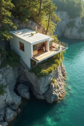 A modern, small home on the edge of a cliff overlooking a lake. This tiny house concept features an aerial view of the lake with its green water and surrounding trees. A rock wall stands behind the ho