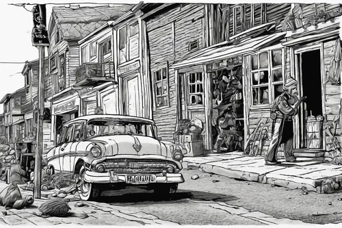 deadwood,street scene,1955 montclair,mono-line line art,oradour-sur-glane,coloring page,aronde,vintage drawing,pencil drawings,virginia city,roumbaler,peddler,newspaper delivery,frontenac,comic style,the cobbled streets,coloring pages,townscape,1950's,mono line art,Photography,Black and white photography,Black and White Photography 01