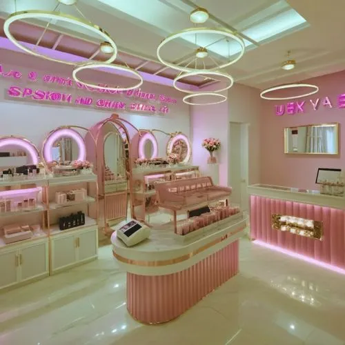 well-stocked luxury makeup store interior of beauty salon pleasant atmosphere excellent luxury lighting delicious aroma in it counters with shadows and makeup, mirrors with lights and hairdressing cha