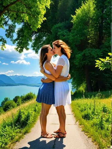 Birgit to Sabina: “Oh please, take me with you on your big journey!”,two young women hugging while standing on a paved path,seana,pre-wedding photo shoot,attersee,tegernsee,salzkammergut,eibsee,Photog