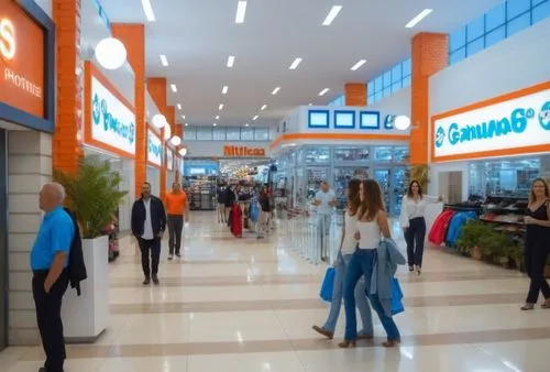 centro comercial  mucha gente comprando ,gran luz ,venta de ropa ,calzado y jugueteria,gran nitidez,alta definicion,logotipos fluorescentes naranjas y azules,kesko,homeplus,shoesource,alexandrium,mega