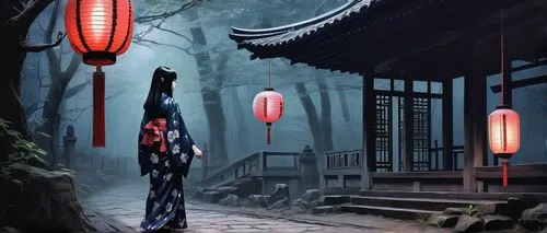 Sadako Yamamura inspired art, Japanese horror theme, eerie atmosphere, mysterious dark-haired girl, pale skin, intricate kimono, obi sash, geta sandals, traditional Japanese setting, old temple, aband