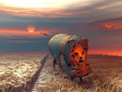 amstaf do full power,a cartoon like animal in a field with a road leading to it,mushroom landscape,photo manipulation,fantasy picture,photomanipulation,suitcase in field,fantasy landscape,Illustration