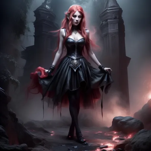 A young women twirling
,a woman in costume holding a bag by a dark mountain,gothic woman,gothic dress,bloodrayne,lilith,malefic,demoness