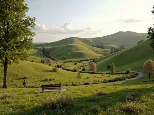 Rolling hills, lush green grass, wildflowers, meandering pathways, rustic wooden fences, natural stone benches, serene atmosphere, warm sunlight, soft breeze, shallow depth of field, 3/4 composition, 