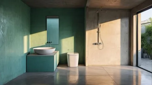 a bathroom that has an outside shower and toilet,verdigris,ceramiche,banyo,modern minimalist bathroom,washbasin,bagno,Photography,General,Realistic