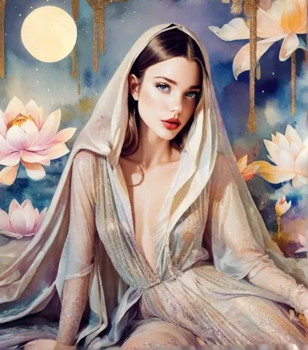 Beautiful young woman sitting on the bed in her bedroom,moonflower,fantasy portrait,romantic portrait,audrey hepburn,blue moon rose,mystical portrait of a girl,oil painting on canvas,oriental princess