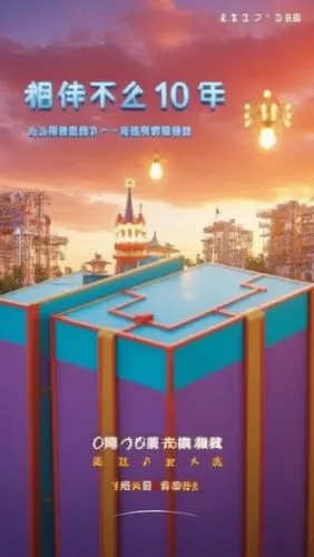 背景是游乐园,the poster shows a city, and the top of a large blue box,cd cover,mahjong,cinemaware,hankou,year of construction 1972-1980,qingdao,Photography,General,Realistic