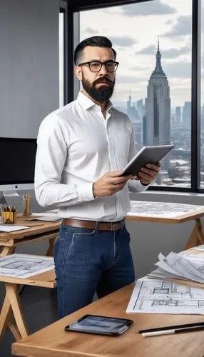 Architectural designer, male, 30s, bespectacled, short black hair, stylish beard, white shirt, dark blue jeans, leather shoes, holding a tablet and pencil, standing in front of a large wooden desk wit