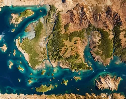 Render a high-resolution, photo realistic, distant, top-down view from space of the entire world of Erlar, which is three times the size of Earth. Ensure that the continents are shown identical and in