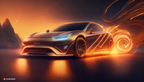 a futuristic car with glowing lights behind it,3d car wallpaper,car wallpapers,fire background,burnout fire,firespin,lightwave