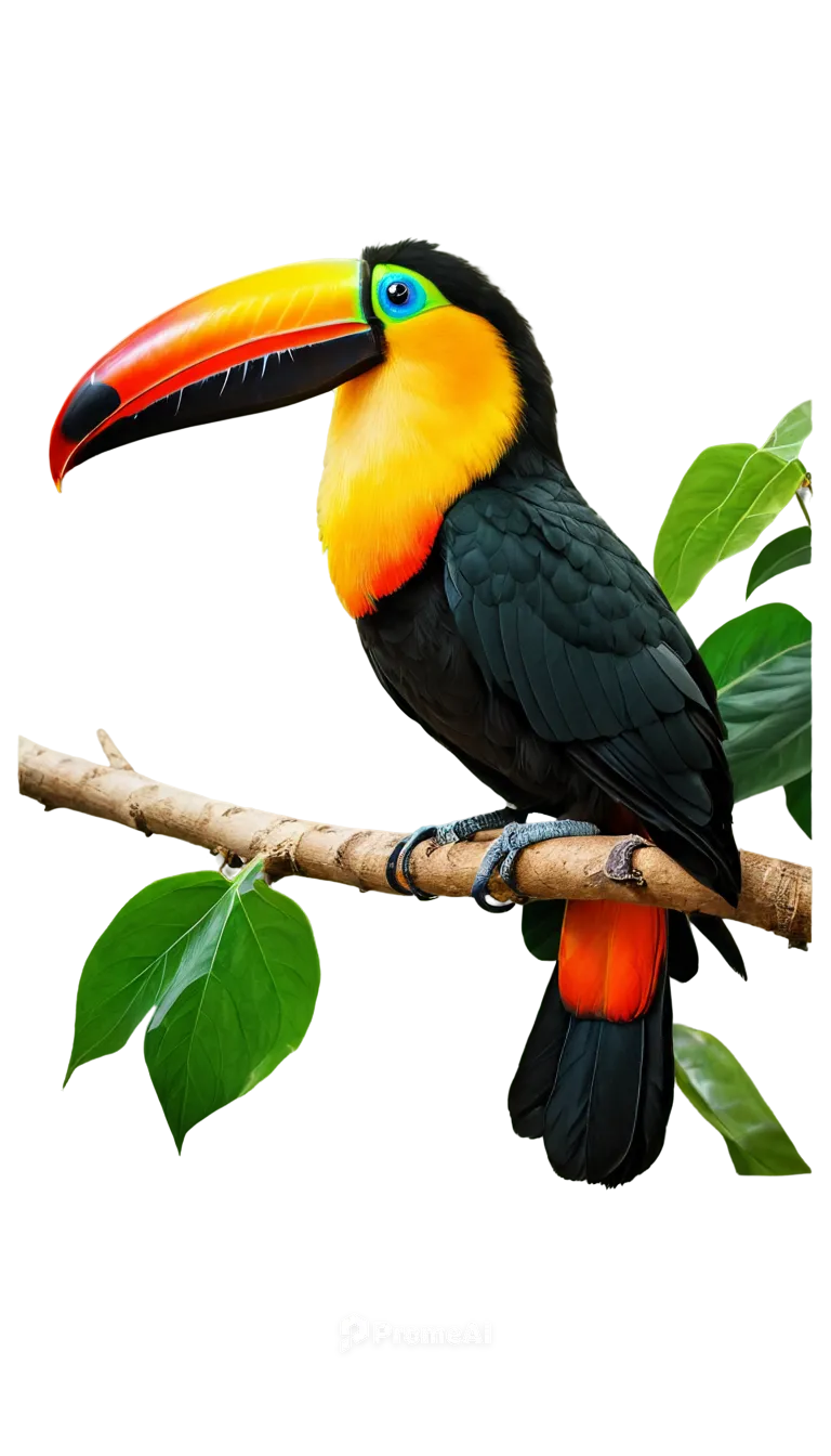 Toucan, colorful beak, vibrant plumage, tropical rainforest, perched on branch, exotic eyes, bright orange breast, green back, wings spread wide, morning sunlight filtering through leaves, shallow dep