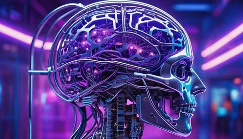 Futuristic kiosk, sleek metal structure, neon blue lights, holographic display, brain-inspired design, intricate circuits, glowing wires, temporal lobe, human brain, cerebral cortex, abstract neural c