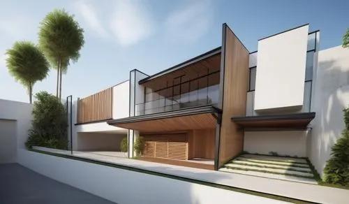 diseño exterior de un residencia minimalista, con un ventanal de cristal en la parte superior del acceso, muros de concreto en color blanco, colores neutros, canales de acero en losa, madera en duela 