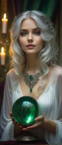 crystal ball-photography,celtic woman,crystal ball,divination,sorceress,caerula,the enchantress,elven,emerald,celtic queen,absinthe,fantasy portrait,fantasy picture,fairy tale character,faery,celtic harp,magic grimoire,mystical portrait of a girl,green mermaid scale,fantasy art,Illustration,Realistic Fantasy,Realistic Fantasy 30