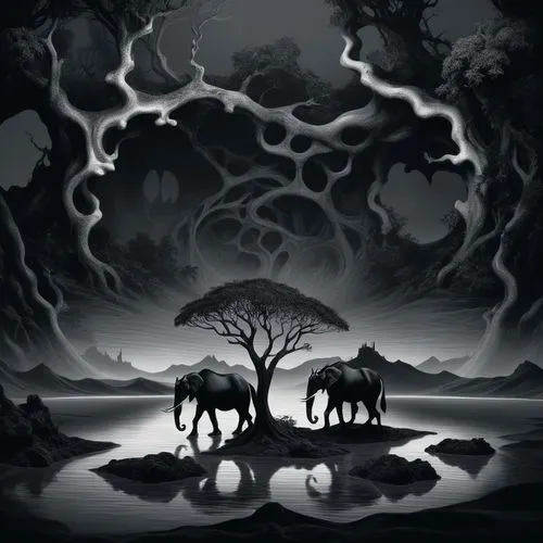 molten forest by dali and escher in quicksilver and ferrofuid splashes, Minimalism in a Negative Artistic Space,two elephants are crossing water with many trees in the background,animal silhouettes,un