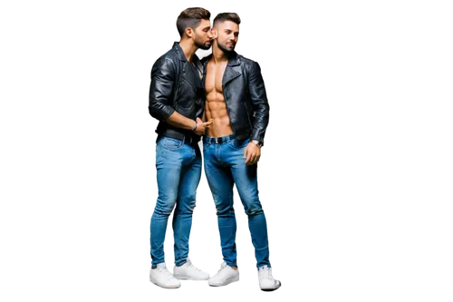 Muscular man, Latin American, gay couple, embracing, kissing, passionate, sensual, ripped chest, six-pack abs, strong arms, toned legs, fashionable haircut, trimmed beard, stylish clothing, leather ja