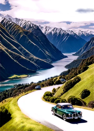 Mountainous landscape, New Zealand, scenic view, solo, (daytime), cloudy sky, snow-capped peaks, lush green forests, winding roads, vintage car, tourists taking photos, panoramic view, high-angle shot